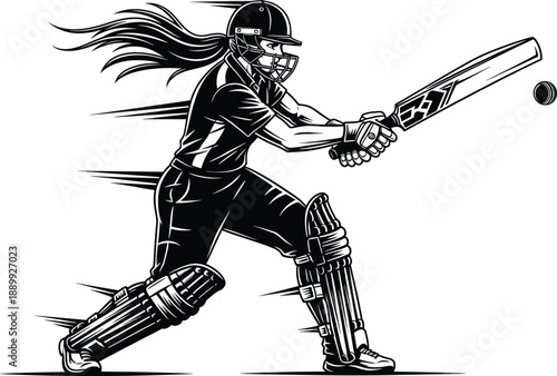 Cricket player silhouette, sports action, dynamic batting pose, black and white vector, helmet gear, athletic motion, competitive game, illustration