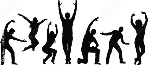 Dance silhouettes, performing arts, expressive movement, choreography poses, black figures, artistic gesture, modern dance, white background, dynamic motion, creativity