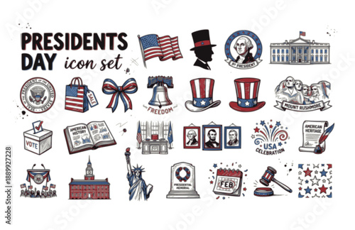 Presidents Day Sale American Patriotic Holiday USA Lincoln Washington White House February Vector Icon Set - American Flag Liberty Line Art