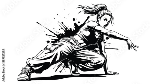 Energetic female street dancer performing hip hop moves with artistic ink splatters for creative entertainment industry and urban fashion business branding.