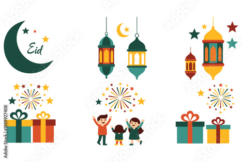Colorful eid celebration icons with lanterns gifts and fireworks isolated illustration