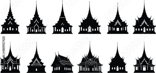 Thai temple silhouette set, traditional architecture, ornate roof design, Buddhist style, cultural heritage, black vector icons, Southeast Asia, spiritual landmarks