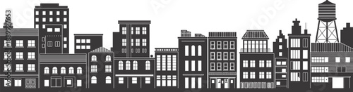 Urban cityscape silhouette, black and white vector, skyline architecture, buildings, rooftops, water tower, downtown design, city icon, illustration