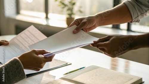 Two hands exchanging documents over a table, with a bright, natural light filtering through a window in the background.