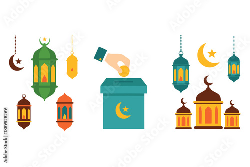 Colorful ramadan charity donation box with lanterns and crescent moon symbols isolated