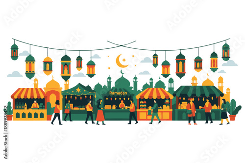 Colorful ramadan market scene with people shopping at festive stalls and lanterns