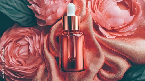 Clean Face Oil Product Shot Surrounded by Beautiful Pink Flowers on Satin Background