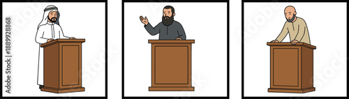 Three culturally distinct male speakers at podiums delivering powerful public messages, captured in editorial style for global diversity, religion, and education themes.