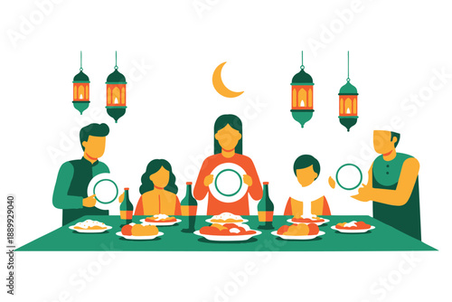 Happy family enjoying a festive meal together with traditional lanterns and food