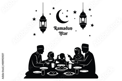 Muslim family celebrating Ramadan iftar together with food and lanterns illustration