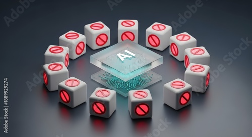 3D illustration of AI chip surrounded by white cubes with red prohibition symbols on dark background, representing artificial intelligence regulation, technology restrictions, ethical concerns