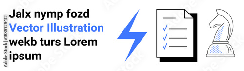 Business planning, strategy, energy, task management, productivity, abstract concepts. Document with checkmarks, lightning bolt knight chess piece. Business planning and strategy