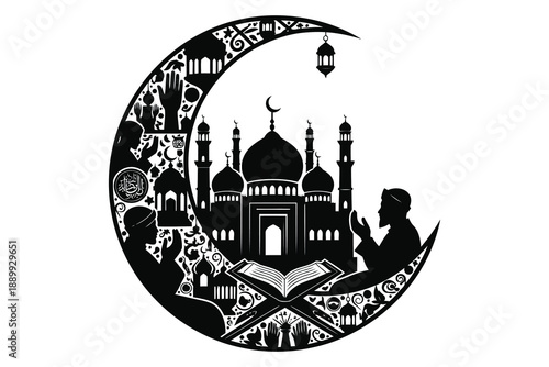 Islamic religious illustration with mosque crescent and praying figures isolated design