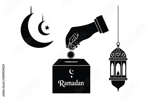 Ramadan charity donation box with hand moon star and lantern illustration isolated