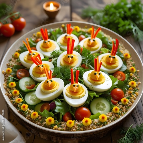 Fresh Salad made of shrimp, prawn, avocado, cucumber, tomato, onion, kimchi, lettuce, cheese, boil eggs