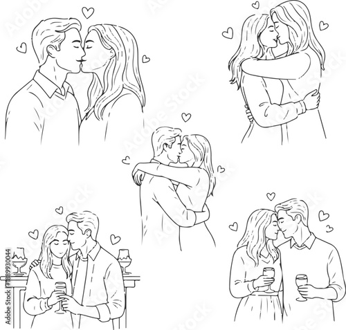 Line art collection of romantic couples kissing and embracing, set of hand drawn minimalist illustrations for Valentines Day and wedding design