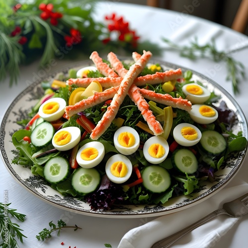 Plate with salad with shrimps, pineapple and avocado on a light table