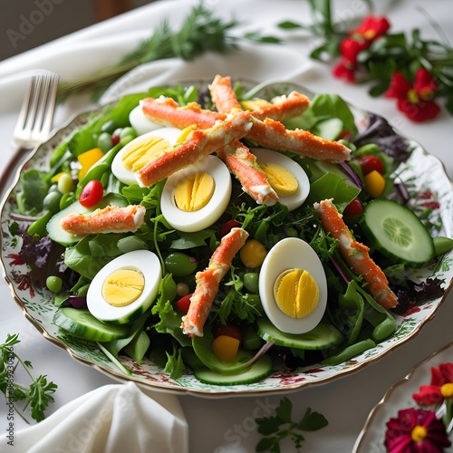 Fresh summer salad with shrimp, avocado and tomato