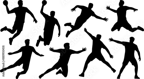 Dynamic handball player silhouettes in action poses