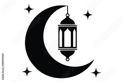 Traditional islamic lantern with crescent moon and stars illustration isolated design