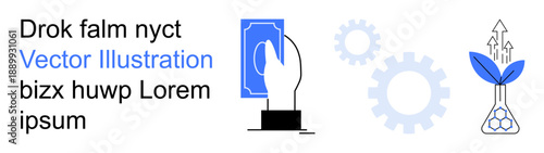 Business strategies, technology, finance, innovation, sustainability, eco-friendly solutions. Hand holding a financial symbol with gears and a scientific flask. Business strategies and technology