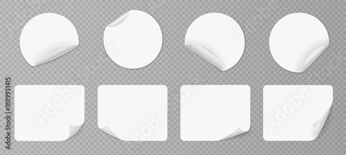 Clean white sticker and tag set with peel flip or curl for note card and ad. Flat vector mockup with round edge for web app sale badge or print. Blank sheet page with tear slip.
