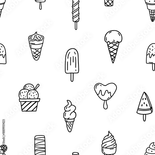 Ice cream seamless pattern. Doodle and gelato, popsicle and sundae dessert for sweet summer design. Cone and cup with drip and sprinkles for cold snack dairy product. Vector wallpaper, cute textile