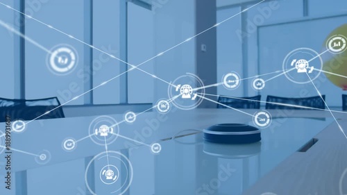 Animation of network of connections with icons over yellow balloon over desk