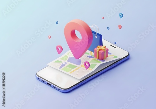 Wallpaper Mural Smartphone navigation illustration featuring map pin, shopping bag, and gift box, ideal for local business promotion, mobile commerce, delivery services, digital marketing, and modern app design. Torontodigital.ca