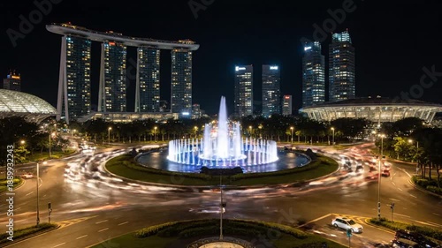 Singapore Fountain Show at Night with Cityscape.