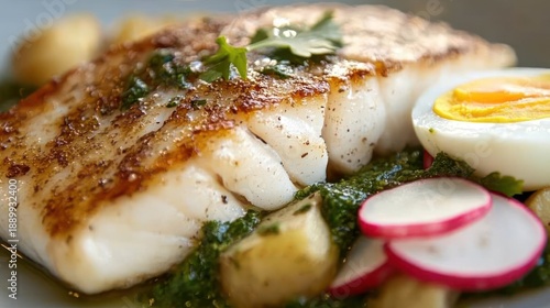Pan-seared white fish fillet with pesto, potatoes, and egg