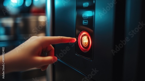 Child's finger presses a glowing red button on a modern kitchen appliance
