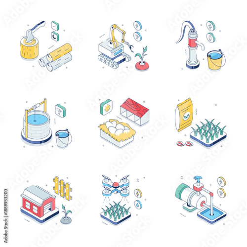 Trendy isometric illustrations depicting farming and agriculture elements, including pumps, wells, crops, and drones, in a clean, modern style.