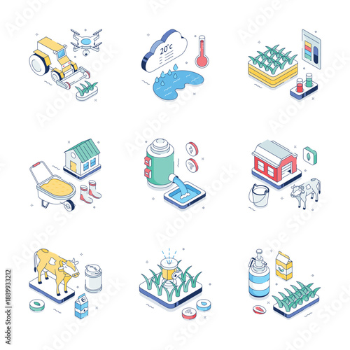 A vibrant isometric illustration showcasing modern farm technology, including tractors, crops, and livestock, ideal for agricultural innovation concepts