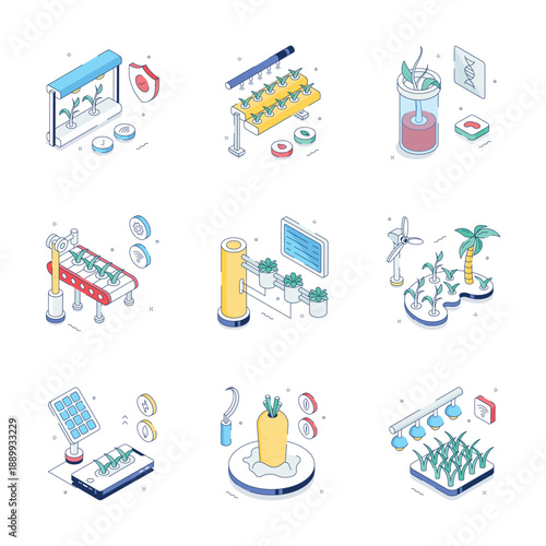 Collection of isometric illustrations depicting modern farming technology, including hydroponics, automation, and smart agriculture for a futuristic concept
