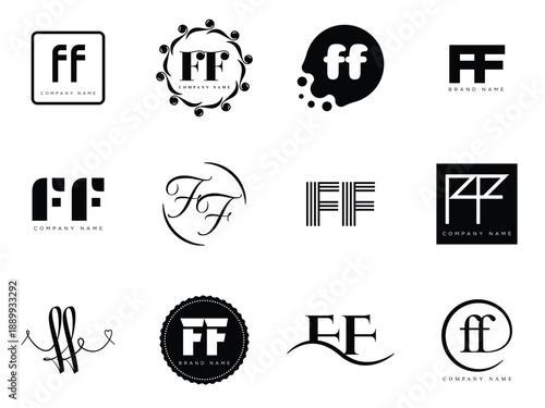 FF logo company template. Letter f and f logotype. Set different classic serif lettering and modern bold text with design elements. Initial font typography.