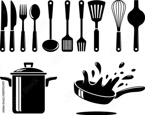 Black silhouettes of kitchen utensils cooking pot and frying pan with splashing liquid kitchenware food