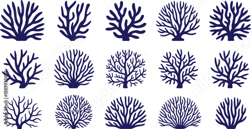 Collection of fifteen dark blue coral silhouettes on white background ocean marine underwater