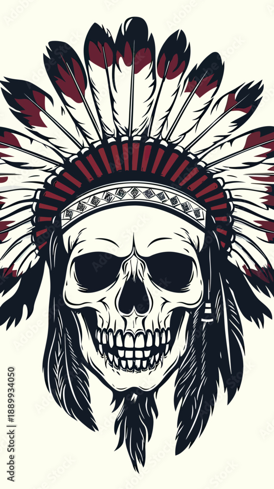 Fototapeta premium American Indian skull with traditional feathered headdress detailed illustration in minimalist flat vector style for cultural and tribal design concept