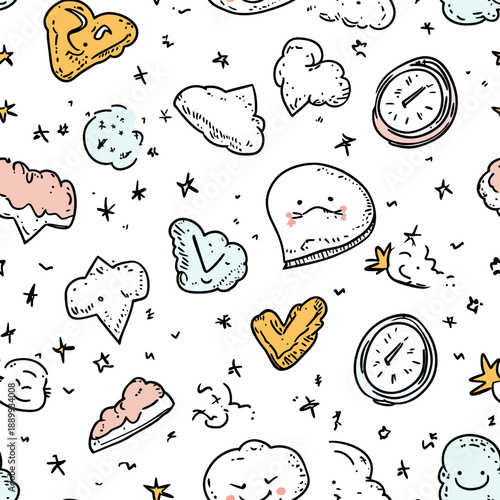 Seamless hand drawn doodle pattern with cute clouds, alarm clocks, stars, sleepy faces, and abstract shapes in pastel colors on white background for kids sleep theme design