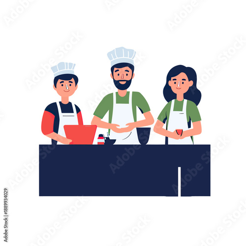 Group of chefs cooking together in kitchen wearing aprons and chef hats preparing food and ingredients on countertop illustration