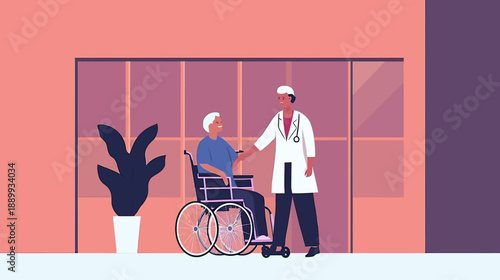 Senior woman in wheelchair receiving care support from medical doctor with stethoscope in modern healthcare facility interior flat vector illustration