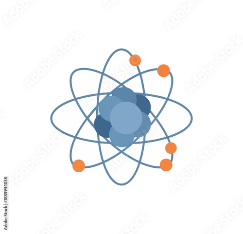 Abstract illustration of an atom with orbiting particles on a dark background