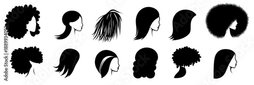 Black and white minimalist vector icons of various Black women hairstyles including afro, braids, ponytail, dreadlocks, short hair, and natural hair profiles and side views