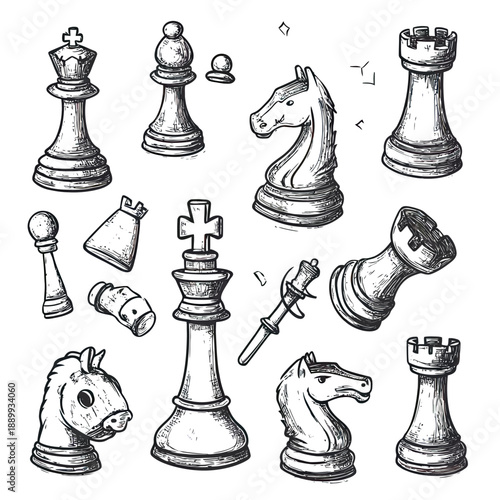 Hand drawn detailed black and white chess pieces set including king, queen, bishop, knight, rook, and pawn in sketch style illustration for strategy game concept