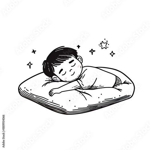 Hand drawn doodle style illustration of peaceful sleeping boy child lying on soft pillow with stars around calm and relaxed rest