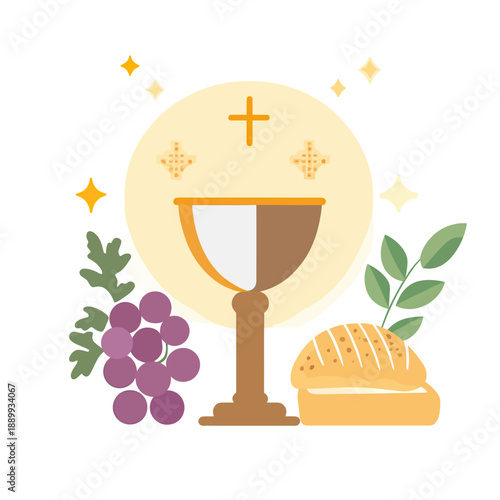 Chalice with Eucharist host bread grapes and leaves Christian communion sacrament flat minimalist vector illustration with golden light sparkles