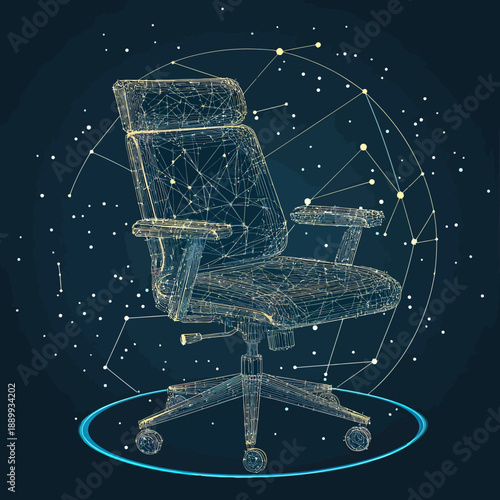 Low poly wireframe office chair abstract digital mesh with constellation and starry sky background technology concept in flat minimalist vector style