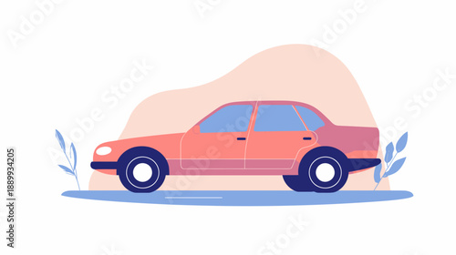 Minimalist flat vector illustration of pink passenger car side view with stylized blue background and abstract plant elements for transport concept