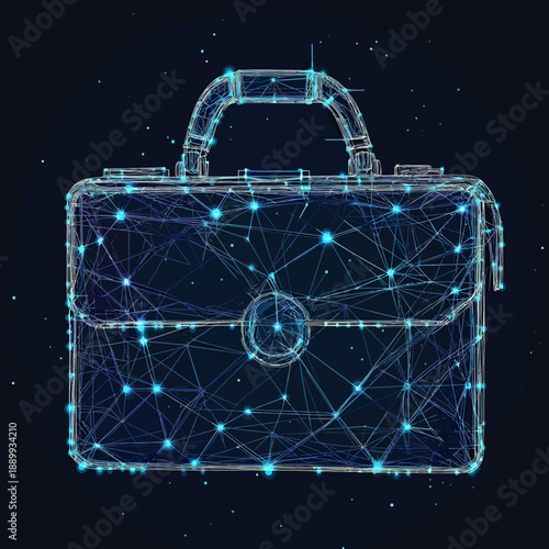 Futuristic glowing wireframe business briefcase with digital network connections and polygonal low poly design on dark background vector illustration